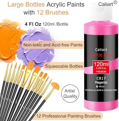 Caliart 24 Colors Acrylic Paint Set Large Bottles 4oz with 12 Brushes - Image 3