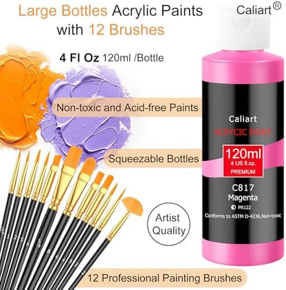Caliart 24 Colors Acrylic Paint Set Large Bottles 4oz with 12 Brushes - Image 3