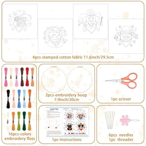 BEUNITONE 4 Set Embroidery Kit for Beginners, Animal Cowboy Patterns Cross Stitch Kits, Needlepoint Kits for Adults with Hoop, Cute Hand Embroidery Patterns for Cloth and Home Decor - Image 2