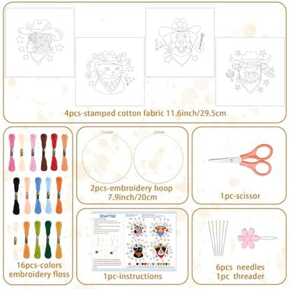BEUNITONE 4 Set Embroidery Kit for Beginners, Animal Cowboy Patterns Cross Stitch Kits, Needlepoint Kits for Adults with Hoop, Cute Hand Embroidery Patterns for Cloth and Home Decor - Image 2