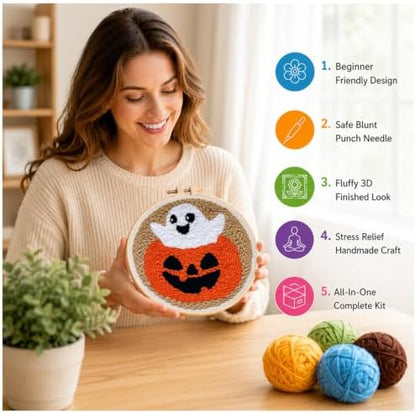 Punch Needle Kit for Beginners Adults-Pumpkin Ghost, with Embroidery Hoop - Image 4