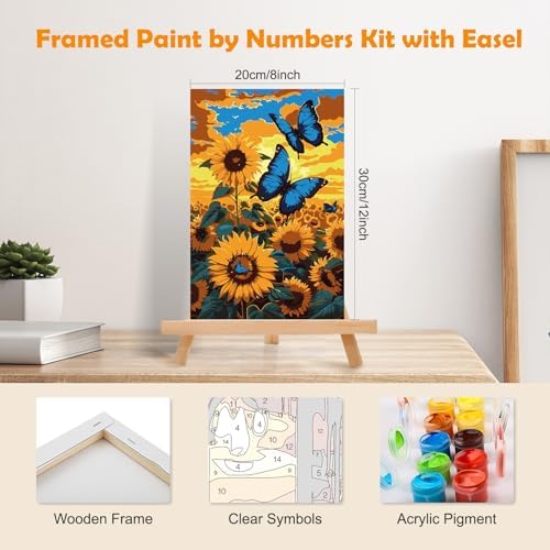 MOGTAA Sunflowers Paint by Numbers Kit for Adults Beginners with Frame, Butterfly Adult Paint by Number Kits on Canvas with Easel, Easy DIY Oil Painting Kits for Home Decor, 8x12in - Image 2