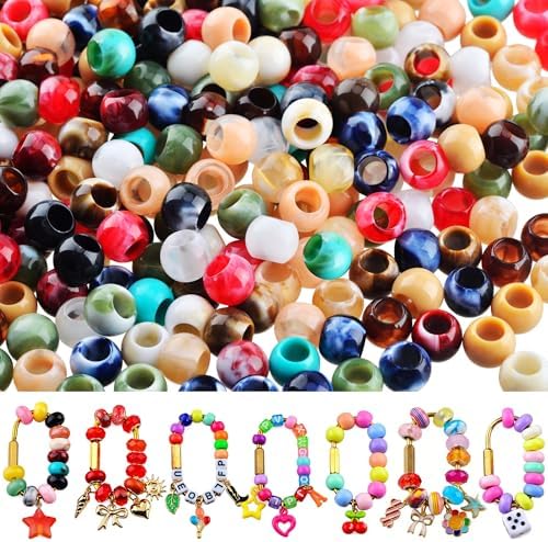 Large Hole Beads Carabiner Bag Charm Beads 200pcs 12mm Jumbo Hair Bead Acrylic Big Hole 5.5mm Macrame Chunky Bead with Large Holes for Keychain Bag Charm by Cmidy