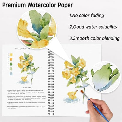 SLWBZ Watercolor Workbook Pink Flowers, 15 Different Patterns of Original DIY Designs, 16 Color Watercolor Paint Plates with Palette and Brush, Beginner-Friendly Watercolor Workbooks, Pink Hydrangea - Image 3