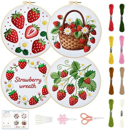BEUNITONE 4 Set Strawberry Embroidery Kit for Adult Beginners 7.9"x7.9" DIY Stamped Needlepoint Kits with Pre-Printed Designs, Complete Handmade Embroidery Craft for Relaxing Hobby and Home Decor by BEUNITONE
