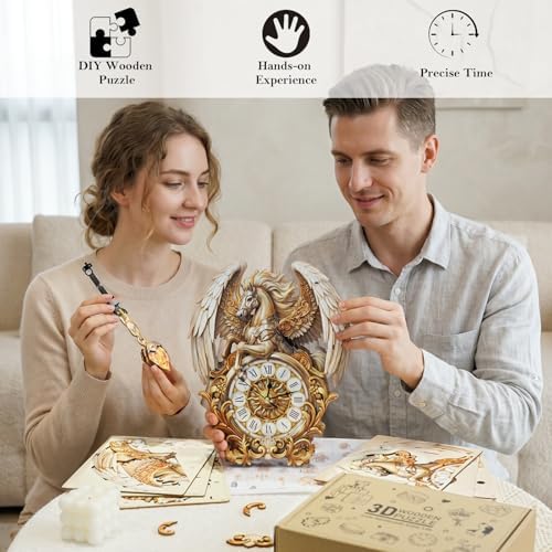 3D Wooden Puzzle for Adults - Winged Steed Clock - Image 6