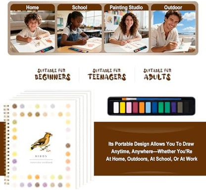 Watercolor Workbook for Adults, Beginner Friendly Watercolor Painting Kit Birds Water Coloring Book, Nature-Themed Practice Art Gift Water Color Paint Book with Palette and Brush - Image 3