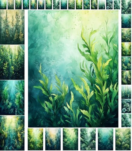 Decoupage Paper Pack (35 Sheets 6"x8") Underwater Greens: Beautifully Painted Aquatic Plants Swaying in The Ocean Depths, Illuminated by Ethereal Rays of Sunlight FLONZ Vintage by FLONZCRAFT