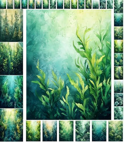 Decoupage Paper Pack (35 Sheets 6"x8") Underwater Greens: Beautifully Painted Aquatic Plants Swaying in The Ocean Depths, Illuminated by Ethereal Rays of Sunlight FLONZ Vintage by FLONZCRAFT