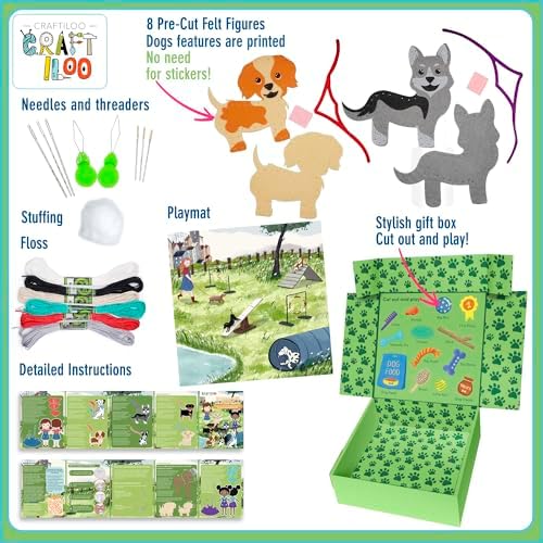 CRAFTILOO 8 Pre-Cut Dogs Stuffed Animal Fun Kids Sewing Kit for Kids Ages 8-12 Children Beginners Sewing kit Kid Puppy Crafts Felt Pillow Plush Craft Kit Girls and Boys - Image 3