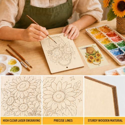 15 Pcs Unfinished Wood Crafts to Paint for Adults, 5.9x4.7 Inch Sunflowers Paintable Wood Slices Craft Supplies with Ropes, Bulk Predrilled Wooden Ornaments for DIY Painting Craft Decor - Image 4