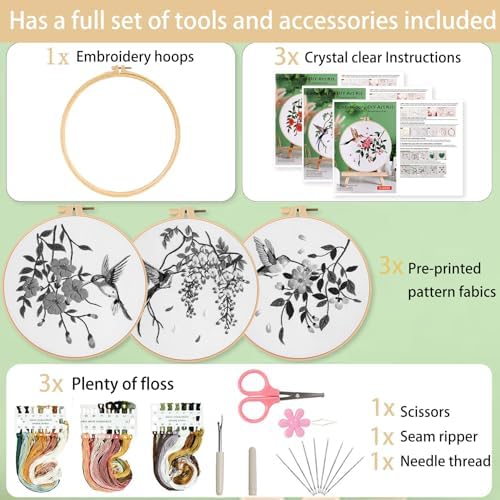 Ohcol 3 Sets Hummingbird Embroidery Kit for Beginners Needlepoint Kits for Adults Cross Stitch Kits with Clear Instructions,Easy Funny Stamped Bird Patterns Fabric Hand Crafts - Image 3