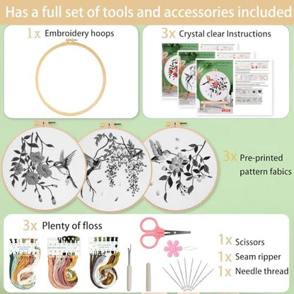 Ohcol 3 Sets Hummingbird Embroidery Kit for Beginners Needlepoint Kits for Adults Cross Stitch Kits with Clear Instructions,Easy Funny Stamped Bird Patterns Fabric Hand Crafts - Image 3