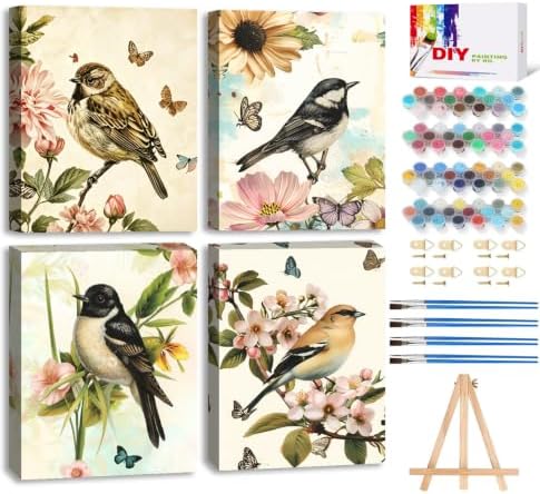 LWZAYS 4 Pack Bird Paint by Numbers Kit for Adults with Frame, Vintage Paint by Number for Adults Beginner with Wooden Easel, DIY Painting by Numbers Canvas Framed for Home Decor 8 x 12 Inch by LWZAYS