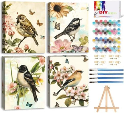 LWZAYS 4 Pack Bird Paint by Numbers Kit for Adults with Frame, Vintage Paint by Number for Adults Beginner with Wooden Easel, DIY Painting by Numbers Canvas Framed for Home Decor 8 x 12 Inch by LWZAYS