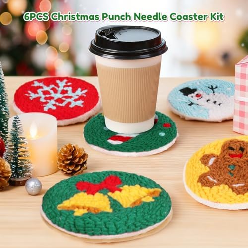 Sukhumvit 6PCS Christmas Punch Needle Coaster Kit, Beginners Punch Needle Set with 6 Tufted Patterns, Yarns, Hoop & Adhesive Pads, Starter DIY Embroidery Coasters Kit for Tufted Crafts Christmas Gifts - Image 4