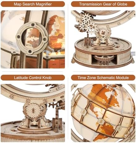 ROKR 3D Wooden Puzzles for Adults Illuminated Globe with Stand 180pcs 3D Puzzles Built-in LED Model Kit Hobby Gifts for Adults Home Decor - Image 3