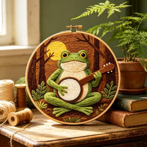 INFUNLY Forest Frog Punch Needle Kits 8.27 Inch Round Frog Playing Banjo Needle Punch Craft Kit with Hoop Tools Yarns Instruction for Folk Music Lovers DIY Home Decor - Image 4