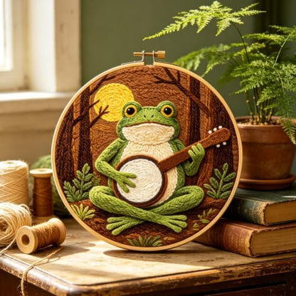 INFUNLY Forest Frog Punch Needle Kits 8.27 Inch Round Frog Playing Banjo Needle Punch Craft Kit with Hoop Tools Yarns Instruction for Folk Music Lovers DIY Home Decor - Image 4