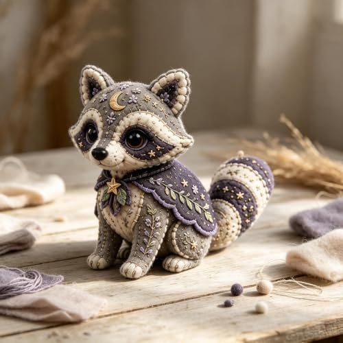 Woodland Friends DIY Felt Patchwork Kit, Pastoral Wild Creatures Handicraft Activity, Textile Hobby, DIY Fabric Animal, Unique Roseate Doll Ornament (Raccoon) by Unknown