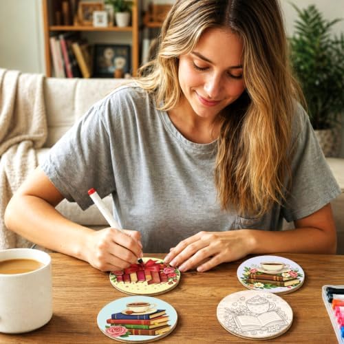 26PCS Wood Coasters Craft Kit 10 Paint You Own Coaster with 16 Pens Wooden Coaster Painting Set Coasters for Drinks Book and Flower Painting Crafts Art Supplies (Book and Flower) - Image 6