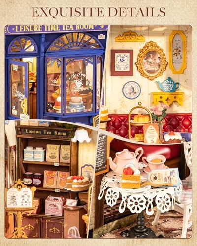 ROBOTIME DIY Miniature House Kit, Bakery Diorama House, Tiny House Kit for Adults, Mini Dollhouse Kit with Furniture Birthday Christmas Craft Hobbies Gift for Family/Friends (Leisure Time Tea Room) - Image 3