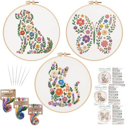 Nuberlic 3 Pack Embroidery Kit for Beginners with Animal Floral Patterm by Nuberlic