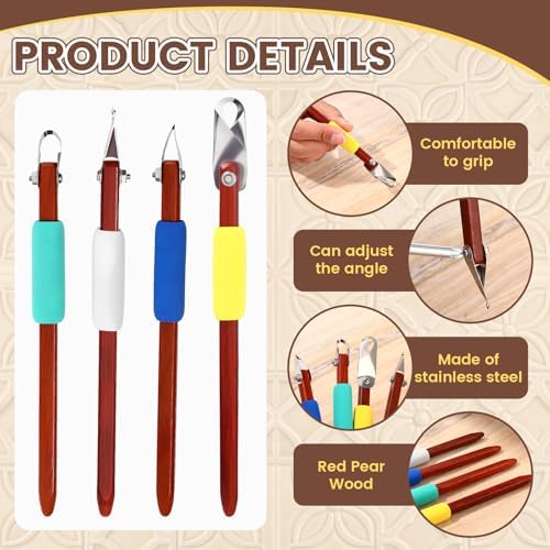 Lanties 4 Pcs Pottery Carving Tool Set Sculpture Scraper Craft Modelling Tools Red Pear Wood Texture Handle with Stainless Steel Blade for Clay Carving, Ceramic Sculpting, Graffito (Classic Color) - Image 3