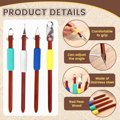 Lanties 4 Pcs Pottery Carving Tool Set Sculpture Scraper Craft Modelling Tools Red Pear Wood Texture Handle with Stainless Steel Blade for Clay Carving, Ceramic Sculpting, Graffito (Classic Color) - Image 3