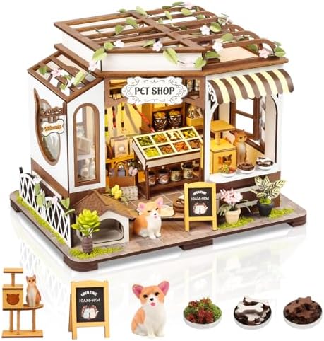 Pet Shop DIY Miniature House Kit, Wooden Dollhouse with LED for Adults by FLYNOVA
