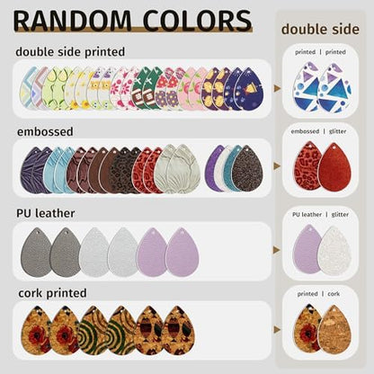 AOUXSEEM 401 Pcs Faux Leather Earrings Making Kit, Contains 120 Pcs Random Double Sided Teardrop Precut Earrings Pieces Hooks Jump Rings Opener Display Cards Self-Adhesive Bags - Image 2