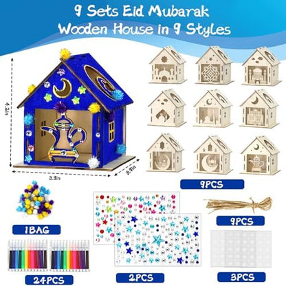 MUOUAKATE 9PCS Ramadan Crafts Wooden House with 24 Paint Pens, Ramadan Activities for aldults, Islamic DIY Ramadan Goodies for Eid Mubarak Gifts Favors Party Supplies Bulk Decorations - Image 2