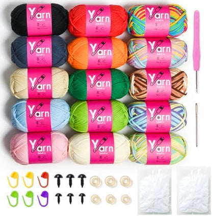 15 Pack Beginner Yarn for Crocheting Tube Crochet Yarn Multicolor by Sekafris