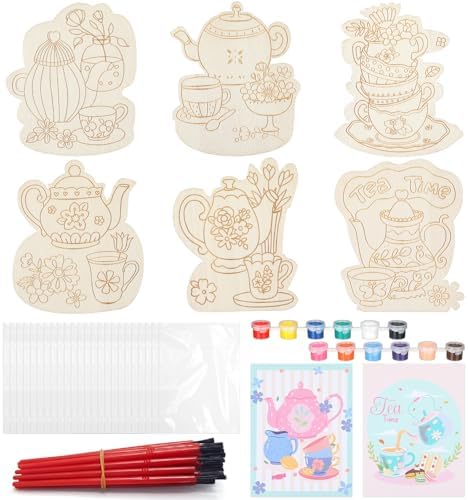 Chunful 24 Set Tea Time Party Favors Wooden Tea Painting Crafts Kits by Chunful