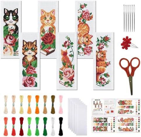 FREEBLOSS 6 Set Cat Cross Stitch Bookmark Kits Rose Pattern Stamped Cross Stitch Kit DIY Embroidery Kit Bookmark Craft Kit with Instructions for Beginners 6x20cm by FreeandCreativeCraftsArt