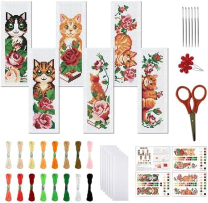 FREEBLOSS 6 Set Cat Cross Stitch Bookmark Kits Rose Pattern Stamped Cross Stitch Kit DIY Embroidery Kit Bookmark Craft Kit with Instructions for Beginners 6x20cm by FreeandCreativeCraftsArt