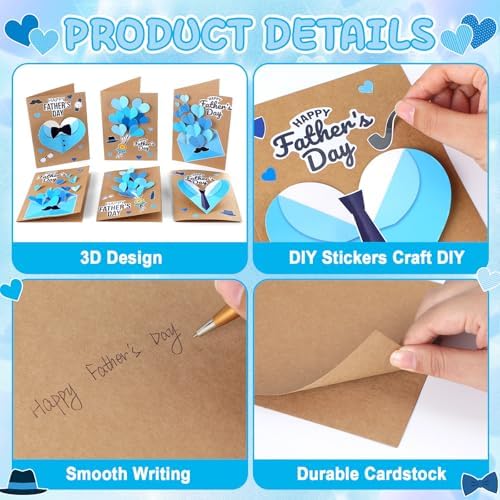 Yomjress 24 Sets Father's Day DIY Card Making Kit 3D Heart Tie Trophy Greeting Cards with Envelope Stickers Fathers Day DIY Card Crafts for Gifts Exchange Best Dad Daddy Papa Party Favors - Image 3