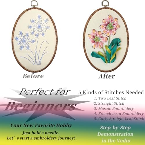 FONNUY Ribbon Embroidery 3D Flowers Pattern Design Kit Embroidery DIY Handwork Set Oval Home Decoration (Pink Crabapple) - Image 4