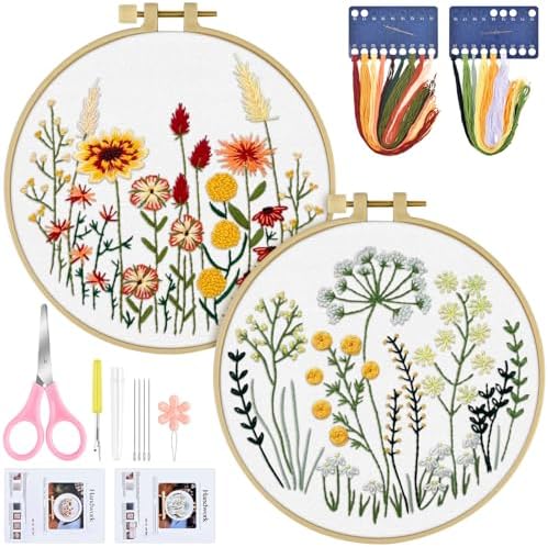 ERKOON Embroidery Kit for Beginners Adult, 2 Set Flower Cross Stitch Set Include Embroidery Cloth Hoops Threads for Craft Lover Hand Stitch with Embroidery Skill Techniques (Flowers and Plants) by ERKOON