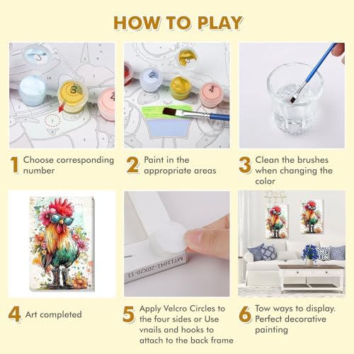 Bowetile Framed Paint by Numbers Chicken for Adults Beginners, Adults' Paint-by-Number Rooster Kits, Easy Adult Paint by Number Kits on Canvas, Acrylic Animals Number Painting for Home Decor, 8x12in - Image 7