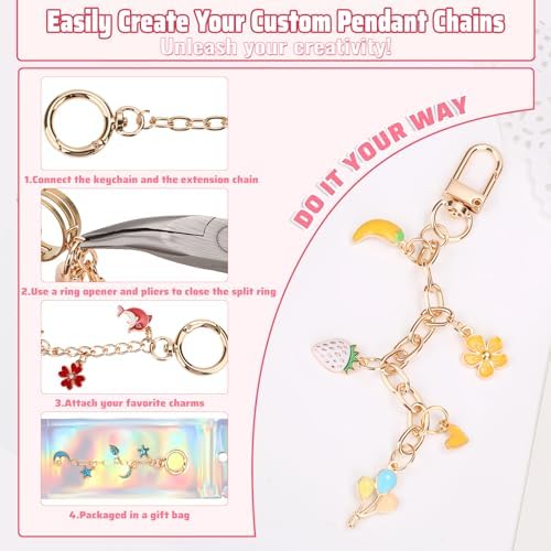 Modacraft 617 Pcs Charms Lip Gloss Keychain Making Kit, DIY Bag Charm Kit Including 32 Key Chain Hooks 35 Extender Chains 308 Charms 200 Jump Rings 20 Lobster Clasps 20 Gift Bags for Craft Supplies - Image 4