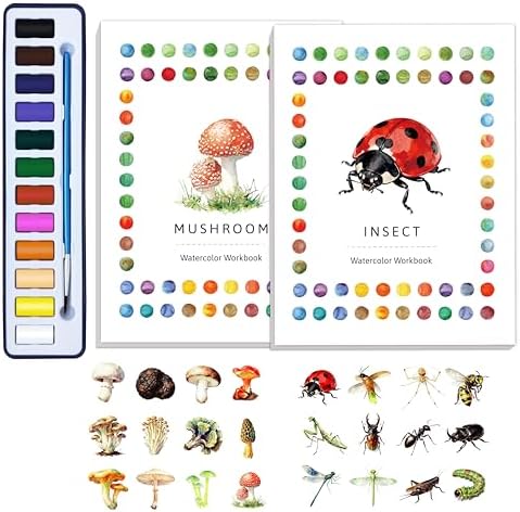 CraftyManor 2Pcs Watercolor Workbook Creative Water Color Paint Book Set with Paints & Brush, 12 Patterns of Original DIY Designs, Beginner-Friendly Adult Coloring Books (Insect & Mushroom) by CraftyManor