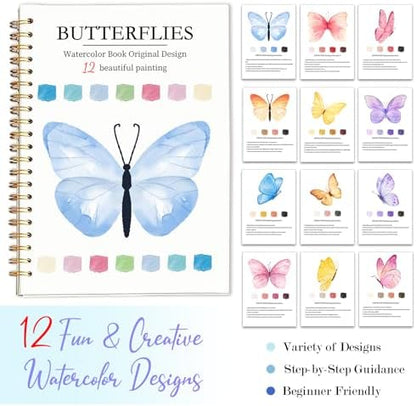 Easy Watercolor Workbook for Beginners - 12 Beautiful Step-by-Step Paintings Water Coloring Book, Includes 16 Colors Paints, Relaxing Art Projects and Creative Gift for Adults & Teen (Butterflies) - Image 7