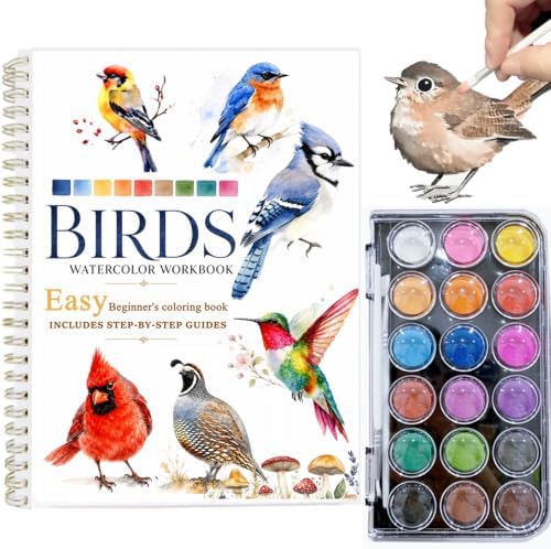 Watercolor Workbooks Coloring Book Beginner Friendly Painting Kit Easy Nature Scenes Paint Set Art Crafts for Creative Exploration Gift for Adults (Birds Series, with Palette) by Unknown