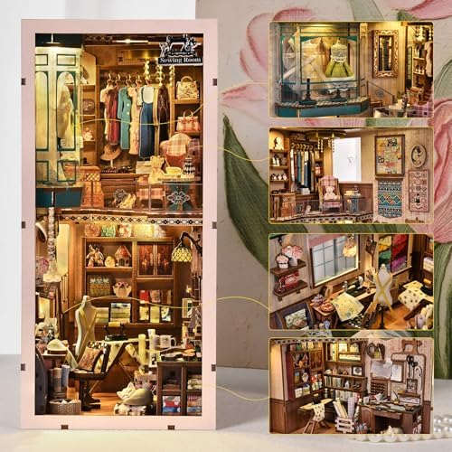 fifijoy Book Nook Kit - DIY Miniature House Dollhouse Kit for Adults and Teens, Booknook Tiny House Bookshelf Decor 3D Wooden Puzzle, Gifts for Family Friends (Sewing Room) - Image 2