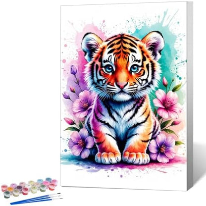 Framed Paint by Numbers Kit for Adults, Tiger & Flower Decor 8x12 Inch by Okarina