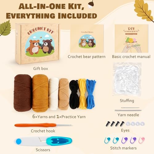 Crochet Kit for Beginners - Bear Crochet Kits, Beginner Crochet Kit for Adults, Crochet Animal Kit for Starters with Step-by-Step Video Tutorials, Knitting Bears with Squishy Hip Design - Image 2