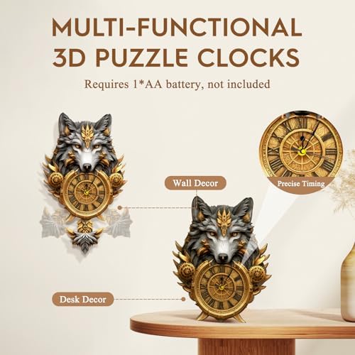 3D Puzzles for Adults Wooden Wolf Puzzle Clock Adult Crafts - Image 5