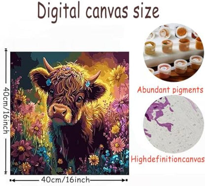 OJTOYART Highland Cattle Paint by Numbers Kit for Adults Beginners, Chrysanthemum Paint by Number Kits on Canvas, DIY Acrylic Oil Painting Kits for Home Wall Decor 16 x16 Inch - Image 5