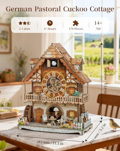 3D Puzzles for Adults-Cuckoo Clock, Swiss Country Cottage Clock Kit (with Pendulum), Wooden Puzzles for Adults Home Decor DIY Watch Making Model Kit Christmas Day Puzzle Gifts for Men Women - Image 2